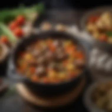 Hearty Stew in a Dutch Oven A Dutch oven filled with a hearty stew surrounded by fresh vegetables