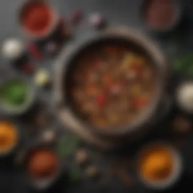 An array of spices and ingredients arranged around a Dutch oven on the stovetop