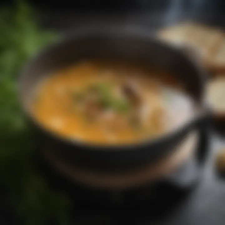 A Dutch oven on a stovetop with simmering broth and fresh herbs