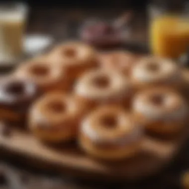 Elegant display of freshly baked donuts arranged on a wooden platter