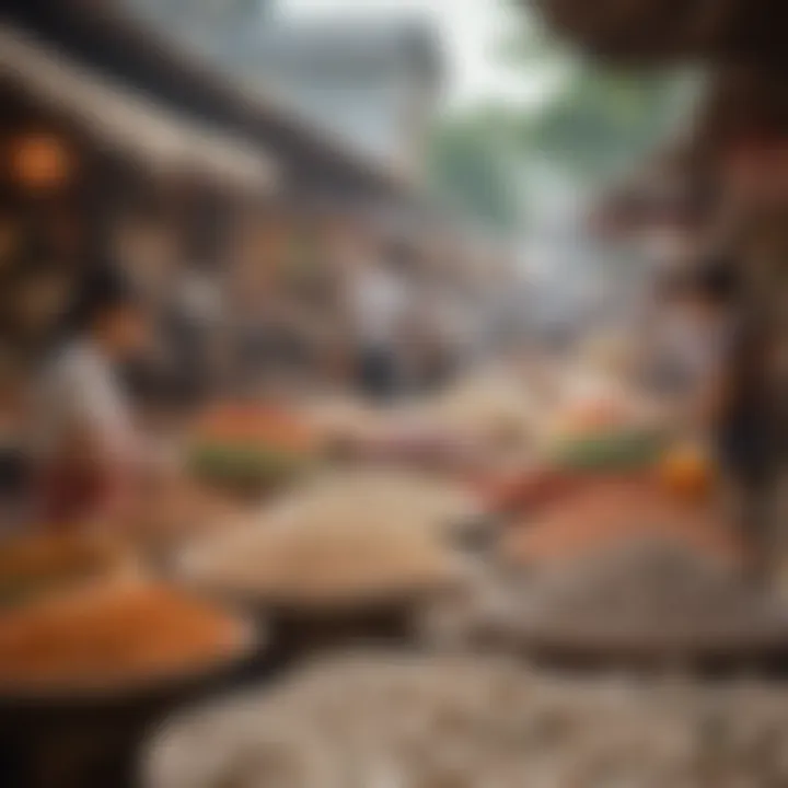 A picturesque market scene with vendors selling tapioca products.