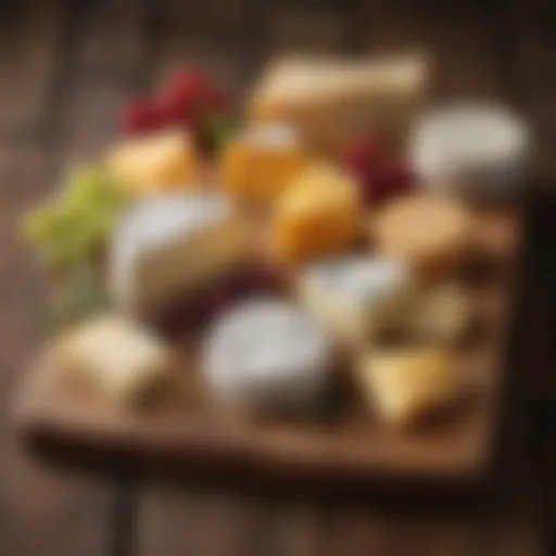 An assortment of artisanal cheeses on a rustic wooden board