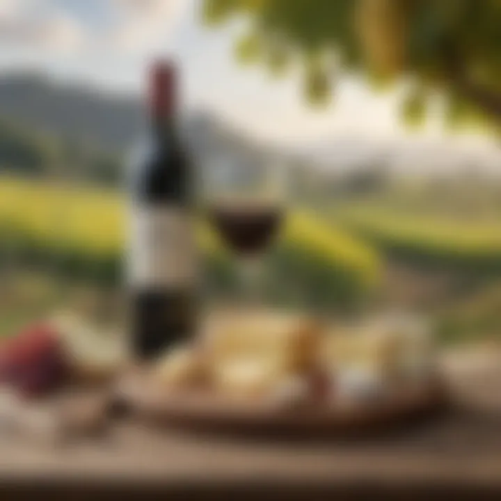 A scenic vineyard backdrop featuring cheese and wine pairing