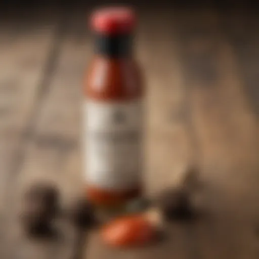 A close-up of a bottle of truffle hot sauce on a rustic wooden table, showcasing the unique label design.