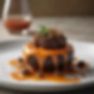 A gourmet dish elegantly plated, enhanced with drizzles of truffle hot sauce for visual appeal.