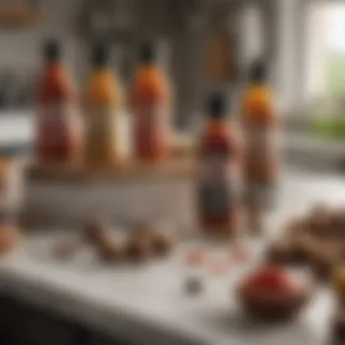 An array of truffle hot sauce products displayed on a kitchen countertop, highlighting brand variety and packaging.