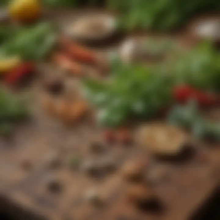 A close-up of fresh herbs and spices scattered on a rustic wooden table.