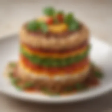 An artfully layered dish featuring grains and vibrant sauces on a plate.