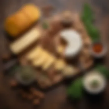 Key Ingredients for Vegan Cheese Ingredients used to make vegan cheese, including nuts, herbs, and spices, artistically arranged on a rustic surface