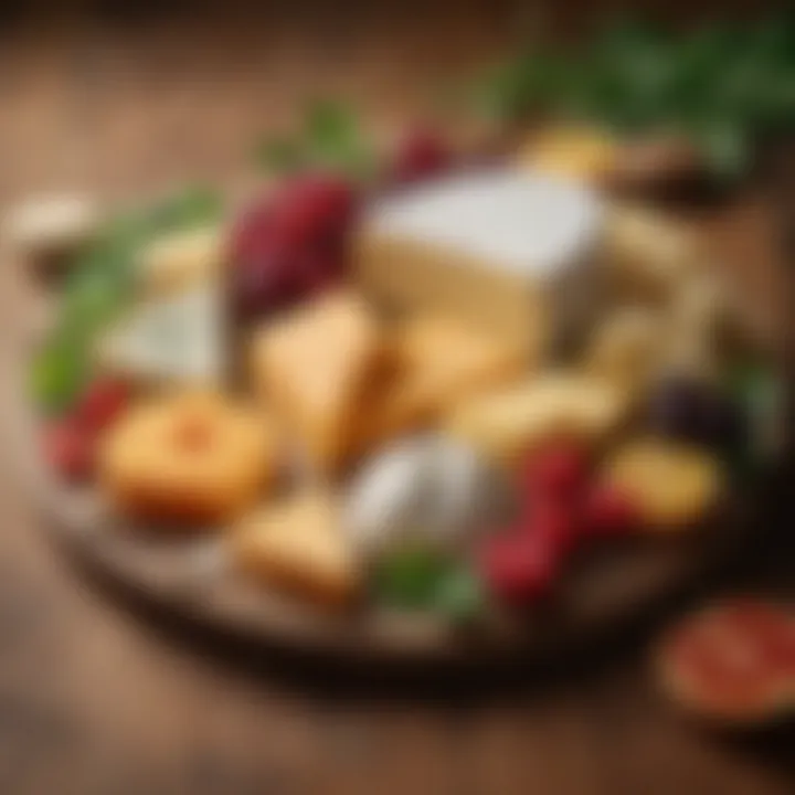 A close-up of a beautifully arranged vegan cheese platter with various plant-based cheeses and garnishes