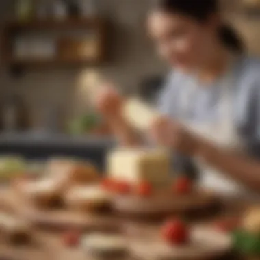 A culinary enthusiast enjoying a slice of vegan cheese on a fresh artisan bread with a backdrop of a vibrant kitchen