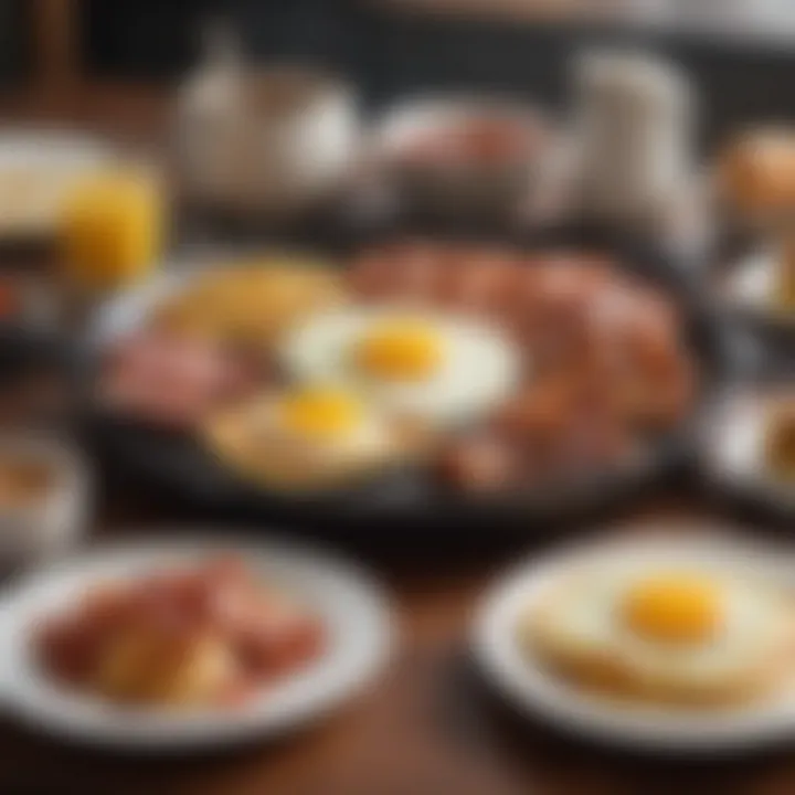 An array of breakfast items such as pancakes, eggs, and bacon perfectly cooked on a griddle.