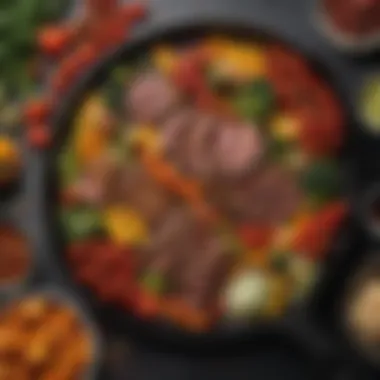 A beautifully arranged spread of colorful vegetables and meats sizzling on a griddle.