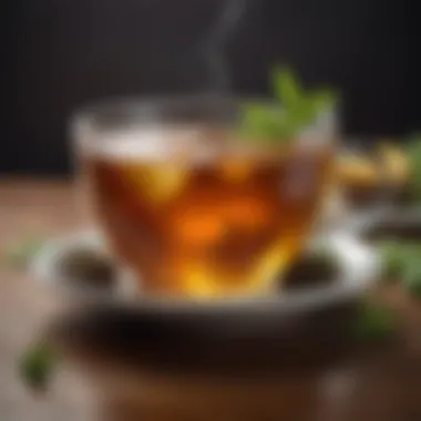 Close-up of a refreshing tea infused with caffeine and herbs