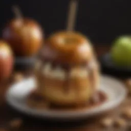 Artisanal caramel apple adorned with nuts and chocolate drizzle
