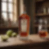 A bottle of Strega liqueur elegantly displayed on a wooden table.
