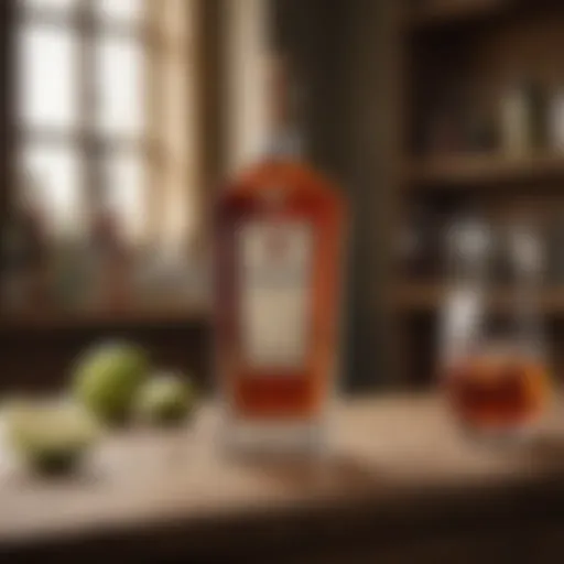 A bottle of Strega liqueur elegantly displayed on a wooden table.