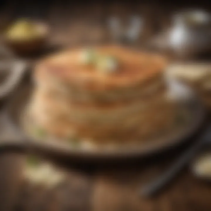 A close-up of fluffy matzo meal pancakes on a rustic wooden table.