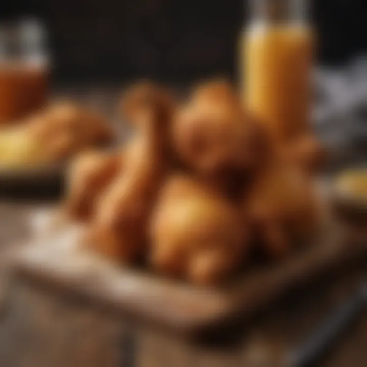 Golden brown fried chicken on a rustic wooden table