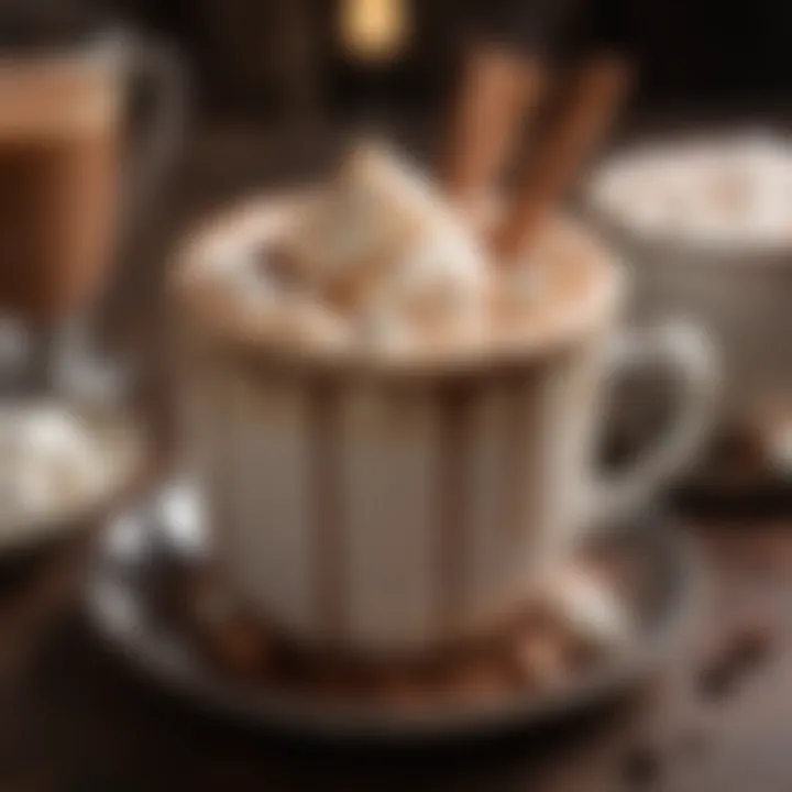 A beautifully garnished spiked hot chocolate featuring cinnamon sticks and marshmallows