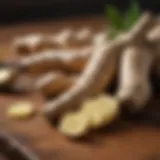 A close-up of fresh ginger root on a wooden surface