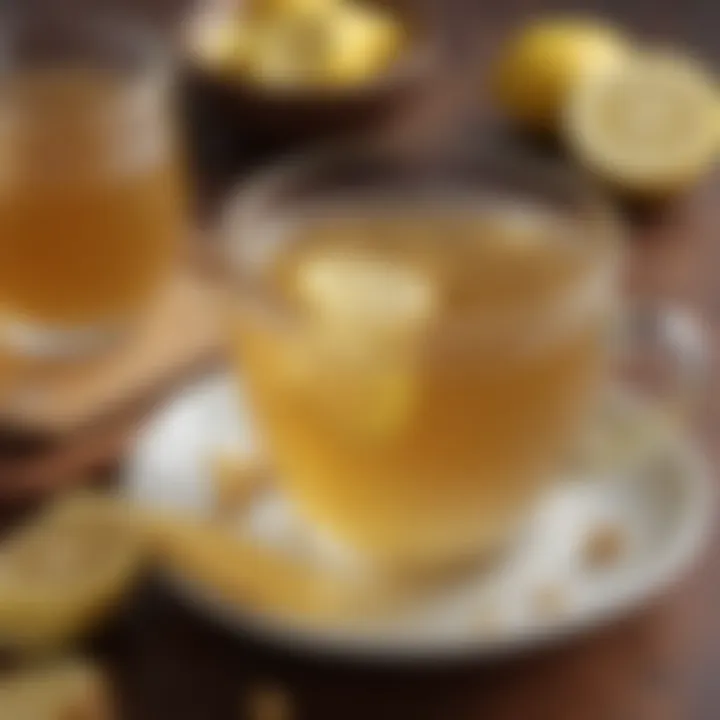 A steaming cup of ginger tea with slices of lemon and honey