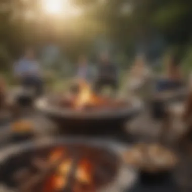 An array of gourmet dishes being enjoyed around a vibrant fire pit during a social gathering.