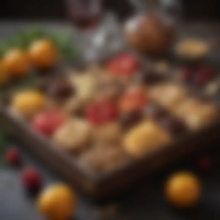 An assortment of gourmet treats arranged in a decorative box