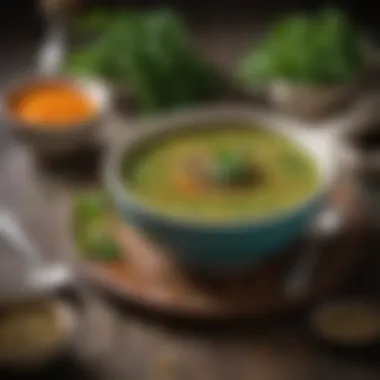 A bowl of vibrant green lentil soup garnished with fresh herbs