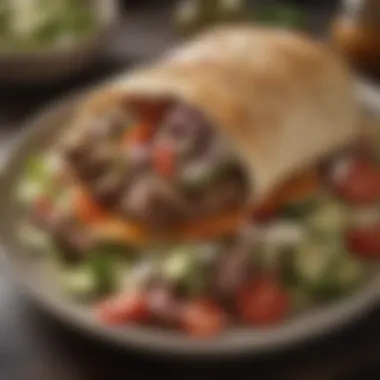 Gourmet Gyro Presentation A beautifully plated gyro dish showcasing seasoned meat and fresh vegetables.