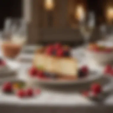 An elegant dining setting featuring Harry & David cheesecake as the centerpiece