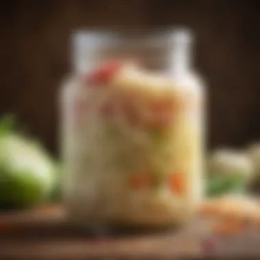 A close-up view of vibrant sauerkraut in a glass jar, showcasing its texture and colors.