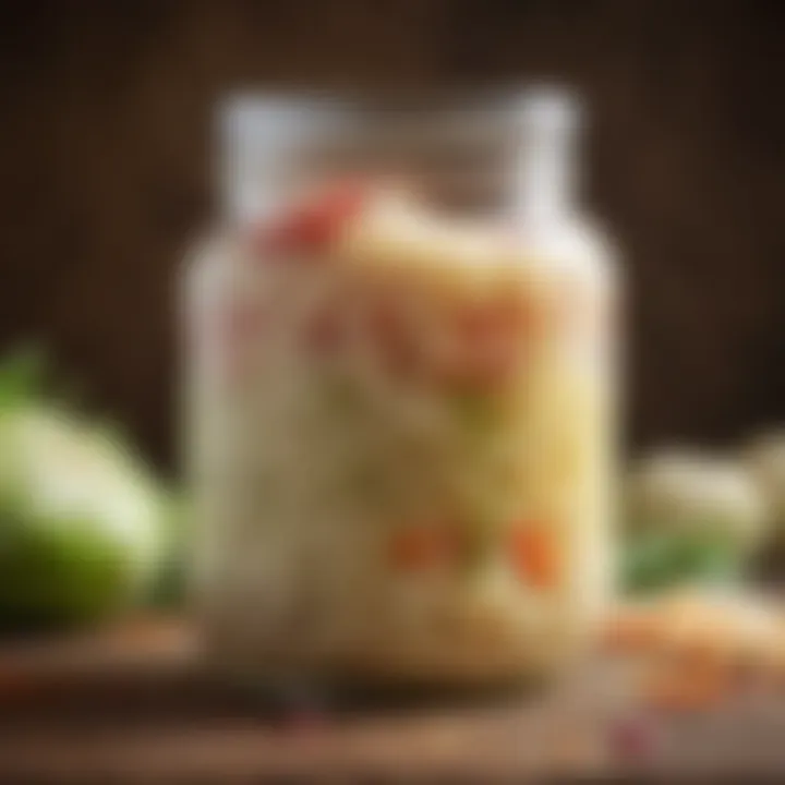 A close-up view of vibrant sauerkraut in a glass jar, showcasing its texture and colors.