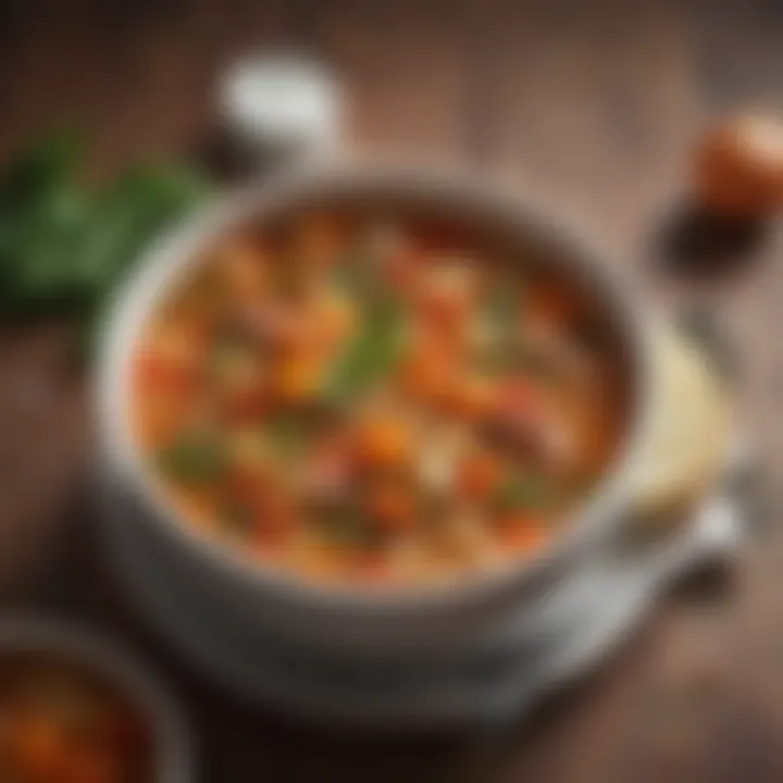 A warm, hearty bowl of vegetable soup with a sprinkle of herbs.