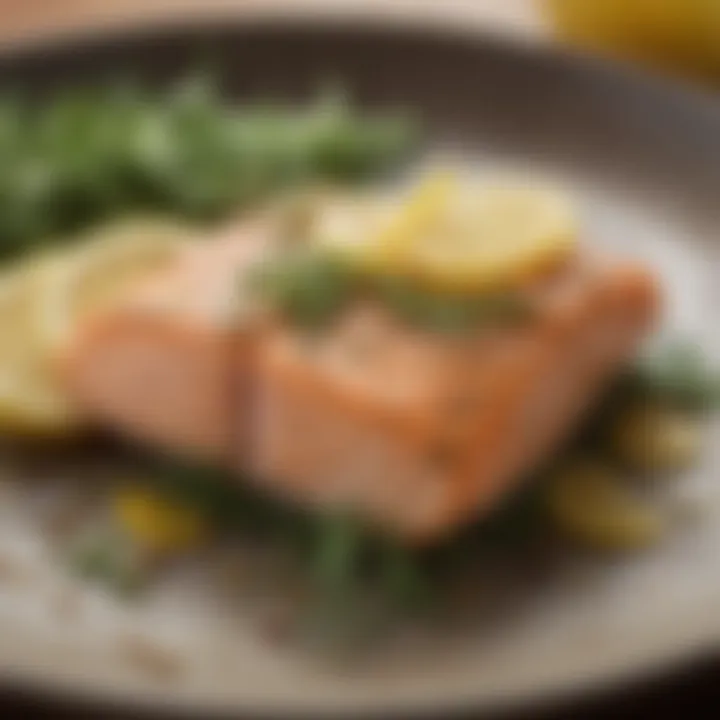 A beautifully plated salmon dish garnished with herbs and lemon.