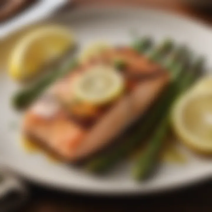 A beautifully plated grilled salmon dish accompanied by asparagus and lemon wedges