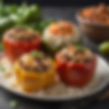 An elegant display of stuffed bell peppers filled with rice, beans, and spices