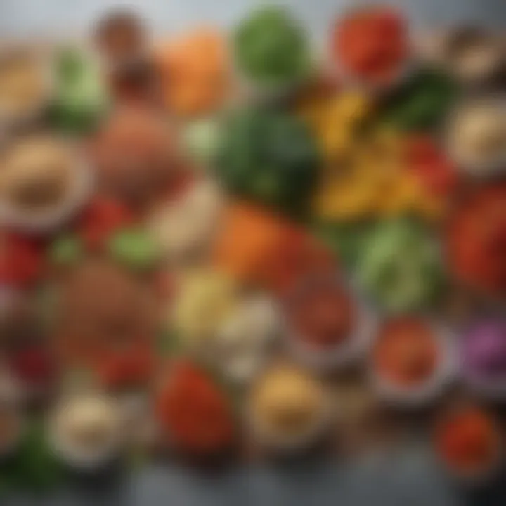 Colorful assortment of fresh vegetables and grains arranged beautifully