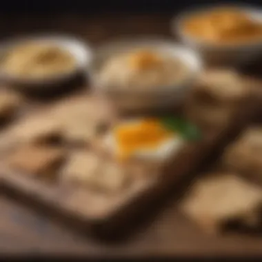 A selection of whole-grain crackers and hummus served on a wooden board, emphasizing wholesome snacking choices.