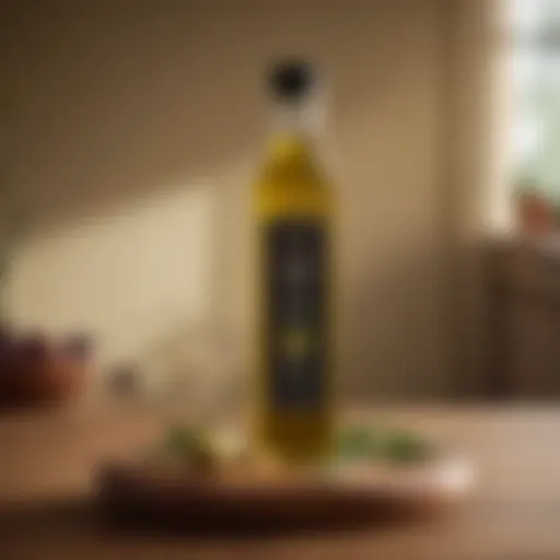 Richly colored bottle of high polyphenol olive oil on a wooden table