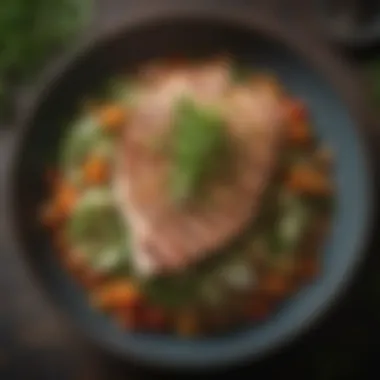 Close-up of a nutritious high protein dish garnished with fresh herbs.