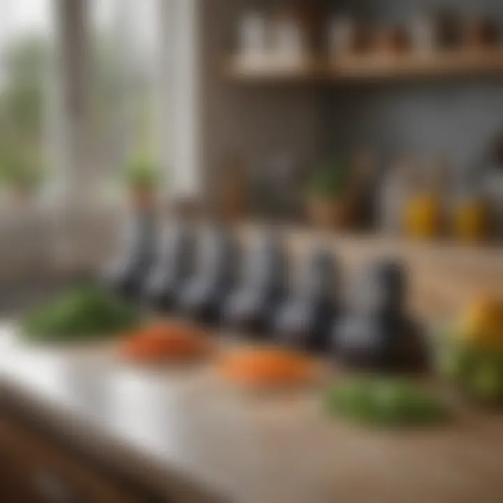 An organized kitchen setup displaying different types of home slicers.