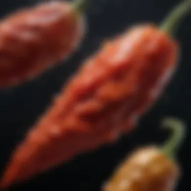 The Glossy Texture of Ghost Peppers A close-up image of ghost peppers with droplets of water, highlighting their glossy texture