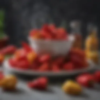Culinary Creations Featuring Ghost Peppers A creative culinary presentation with ghost peppers as the centerpiece alongside various dishes