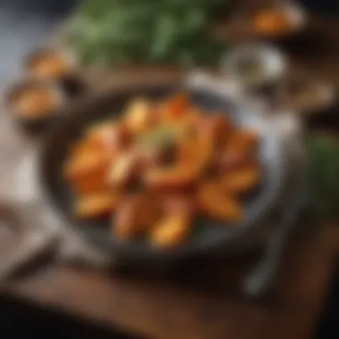 A beautifully plated dish of air-fried sweet potatoes with garnishes