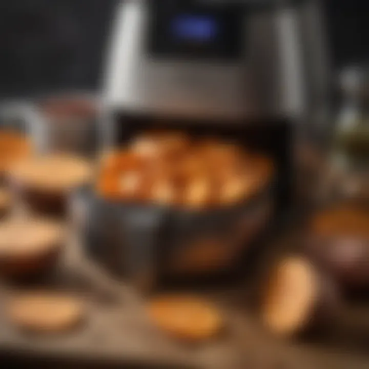 An air fryer filled with seasoned sweet potato slices