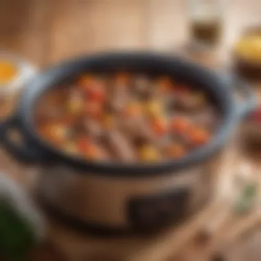 Aromatic Stew in the Slow Cooker Slow cooker filled with simmering stew