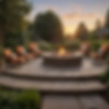 Elegant Outdoor Fire Pit Setup A grand fire pit surrounded by elegant seating in a lush outdoor garden setting.