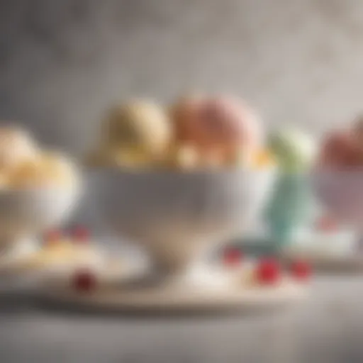 A close-up view of various ice cream flavors in elegant bowls