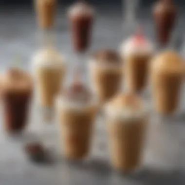 A close-up of a customized iced coffee drink with various toppings and syrups